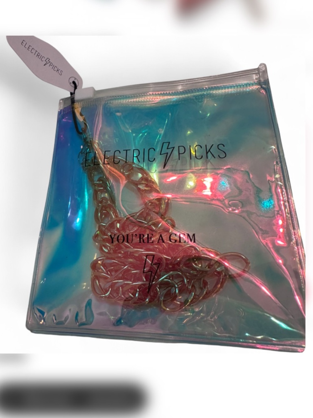Electric Picks gold chain necklace with Holographic Cosmetic Bag
